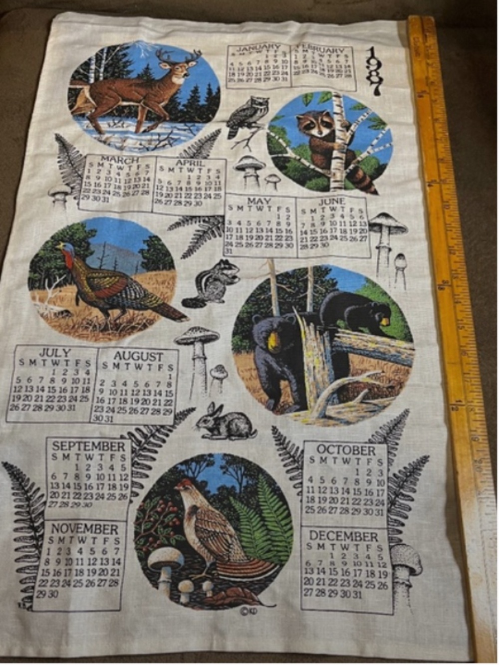 Vintage 1987 Kay Dee LINEN CALENDAR TEA TOWEL Deer Raccoon Turkey Bear Squirrel
